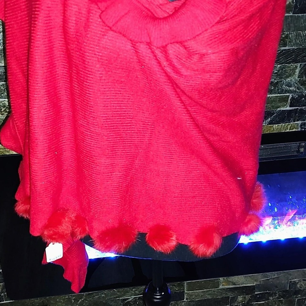 Red shawl with Rabbit Fur Puff Balls